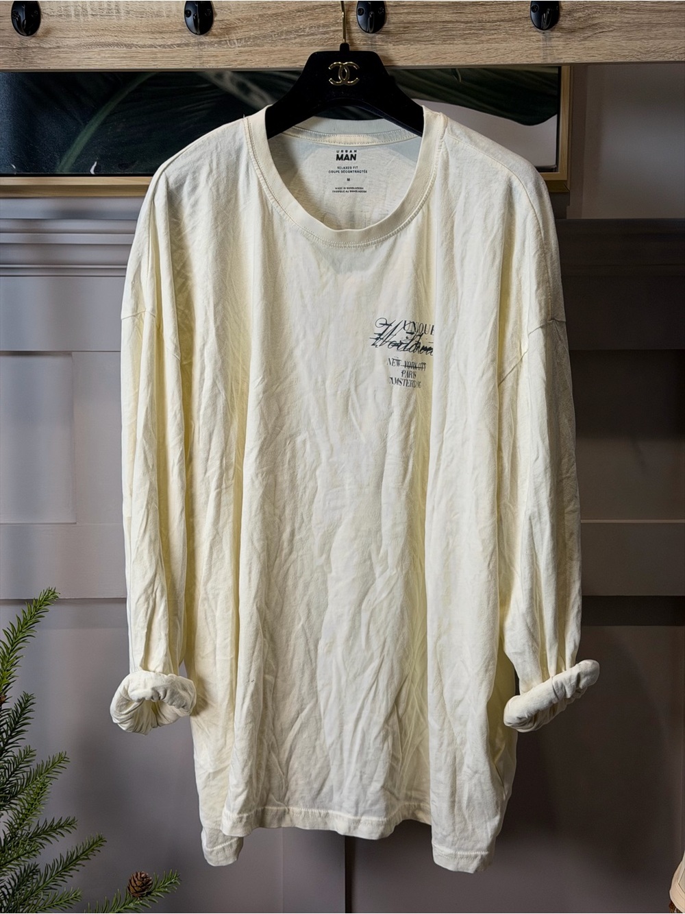 'Worldwide' cream essential layering NYC long-sleeve baggy/ boxy shirt - SIZE M